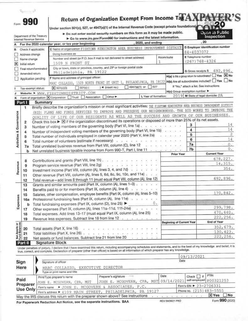 Fishtown District Financials and Tax Forms 2020 Audit