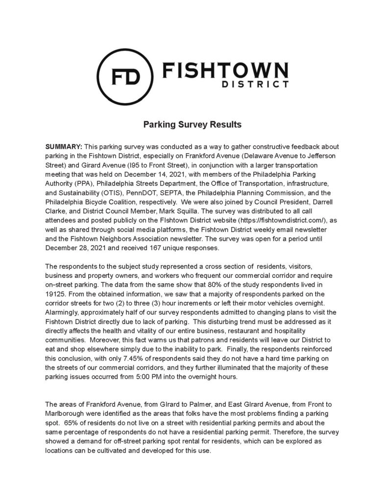 Fishtown District Parking Survey Results 2021