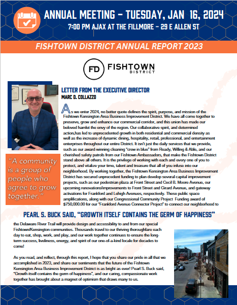 Fishtown District 2023 annual report including, trash collection, safety, security, operations, and events.
