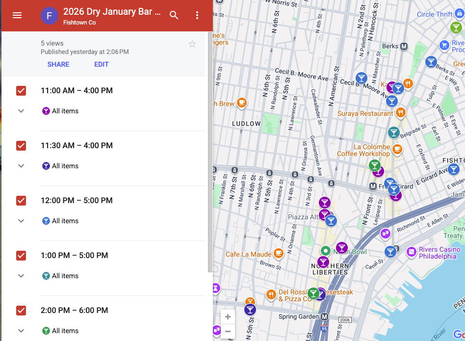 Fishtown District and Northern Liberties Dr January Bar Crawl Map